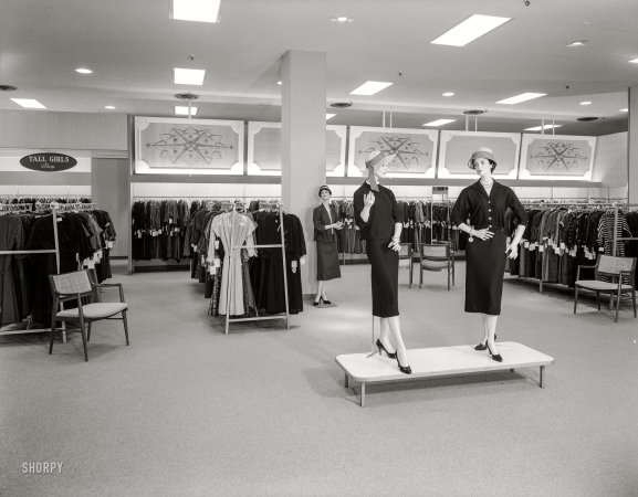 Photo showing: Tall Girls -- October 8, 1957. Filene's department store, North Shore Shopping Center, Peabody,
Massachusetts. Women's and misses' department. Raymond Loewy Associates, client.