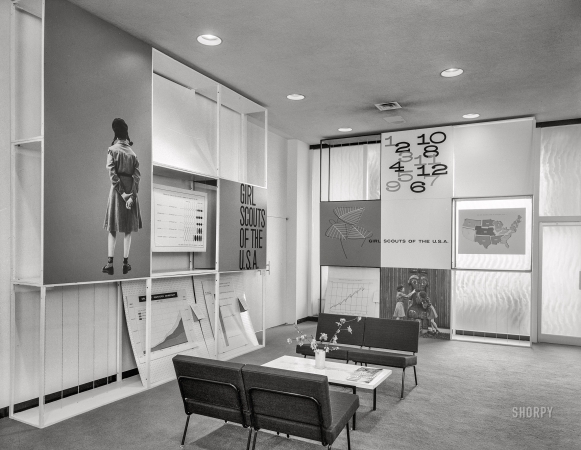 Photo showing: How You Get the Girls -- May 6, 1958. Girl Scout Building, 3rd Avenue and E. 51st Street, New York. Conference room reception.