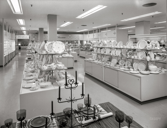 Photo showing: Patterns -- October 23, 1959. Bloomingdale's, Hackensack, New Jersey. China and glass department.