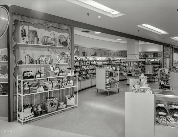 Photo showing: Delicacies -- Oct. 23, 1959. Hackensack, N.J. Bloomingdale's Bergen County. Raymond Loewy Associates, client.