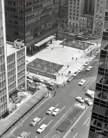 Photo showing: High Modern -- July 8, 1960. New York City views. Seagram Building plaza, from 400 Park Avenue roof.