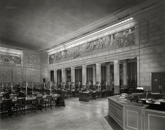Photo showing: Room to Read -- Washington, D.C., circa 1950. Thomas Jefferson Reading Room, Adams Building, Library of Congress.
