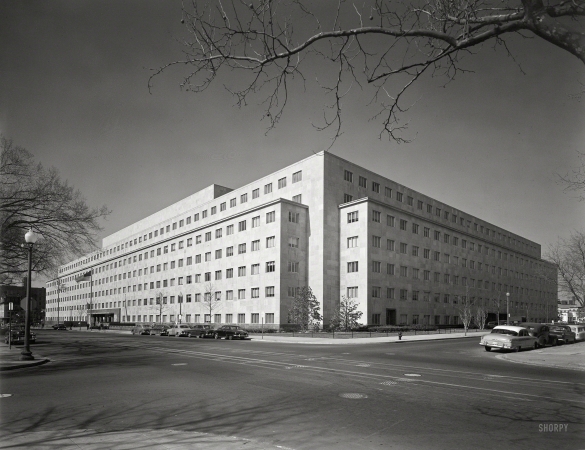 Photo showing: The Louvers of Power -- Washington, D.C., circa 1954. General Accounting Office, G Street N.W. -- International Nickel Co., installation of louvers.