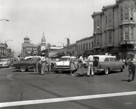 Photo showing: The Accident. -- Oakland circa 1957, and another car crash involving an early-1950s Buick.