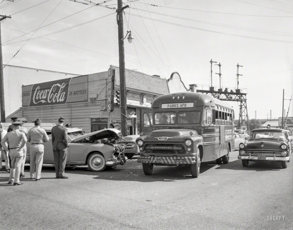Photo showing: Cocktails and Cokes -- Oakland or vicinity circa 1957. Collision with Air Force base bus.