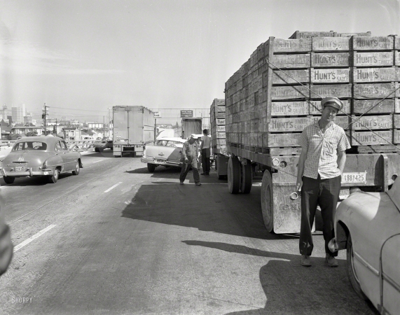 Photo showing: Hitting the Sauce -- Oakland circa 1958. Collision with truck.