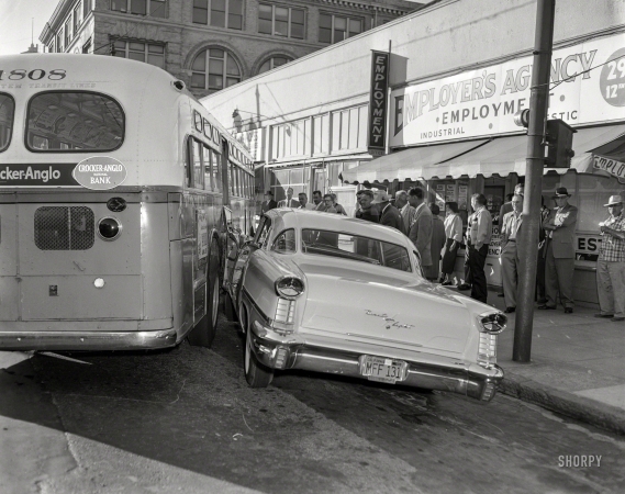Photo showing: Bus Stop. -- Oakland, Calif., circa 1958. Transit accident.