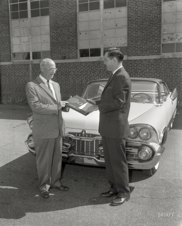 Photo showing: Dodge for 1959 -- Columbus, Georgia, 1958. Salesmen and 1959 Dodge.