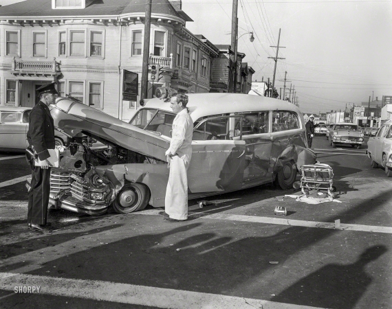Photo showing: Whambulance -- Oakland, California, circa 1957. Ambulance accident.