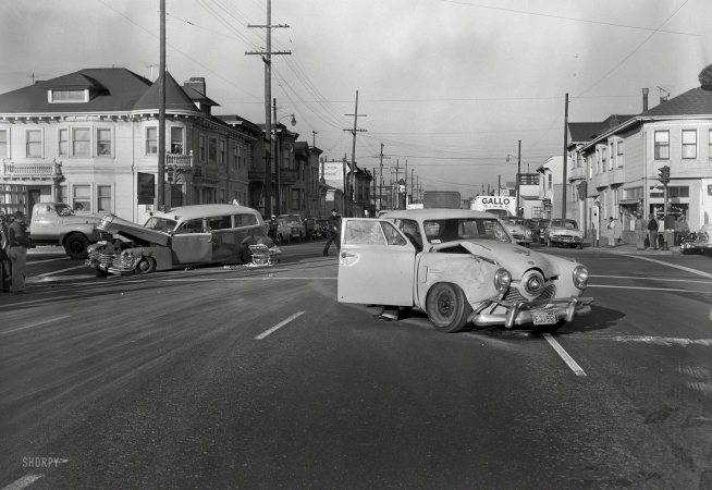Photo showing: Dangerous Intersection -- Oakland, California, circa 1957. Ambulance accident.