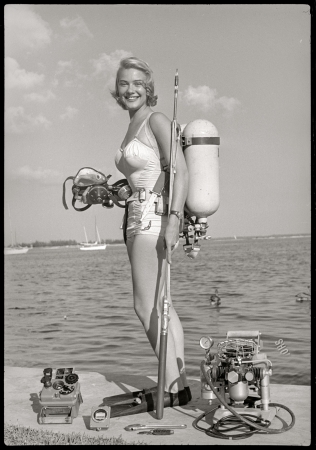 Photo showing: Hope on the Water -- February 2, 1954. Actress Hope Lange in Florida with an assortment of scuba equipment.