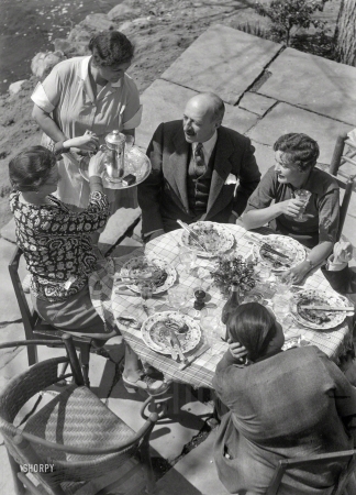 Photo showing: Your Serve -- 1933. Mrs. Mary Benson and guests.