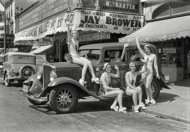 Photo showing: Sixteen Sweethearts -- San Francisco, 1932. Essex Super Six at El Capitan Theatre, in the Mission.