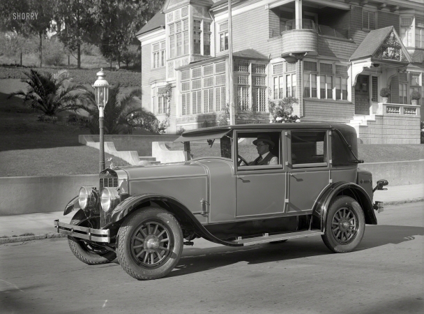 Photo showing: When Fancy Met Schmancy -- Franklin sedan, San Francisco, 1927. An upscale automobile parked outside an imposing house.