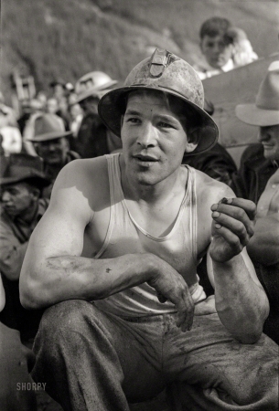Photo showing: Top Drill -- September 1940. Miner who won power-drilling contest at the Labor Day celebration in Silverton, Colorado.