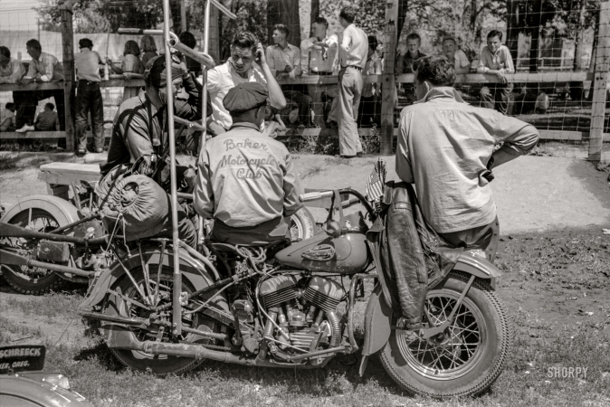 Photo showing: Baker Bikers -- July 1941. Motorcycle racers, Fourth of July, Vale, Oregon.
