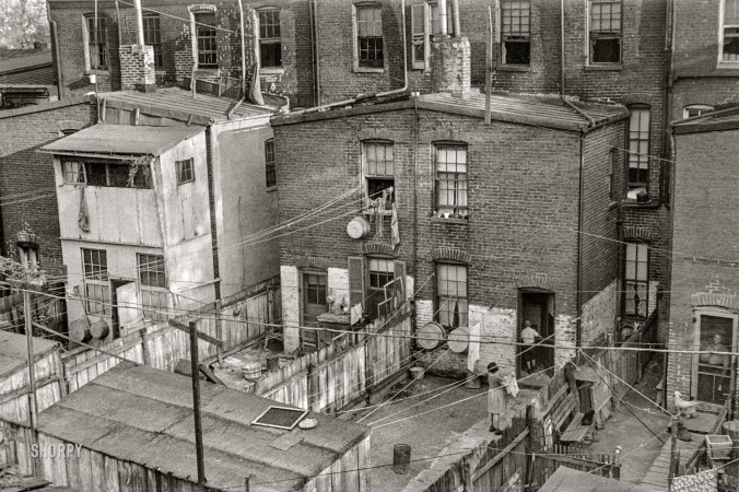 Photo showing: Rowhouse Redux -- Washington, D.C., 1939. A view of backyards of apartment
houses where both white and Negro families are living.