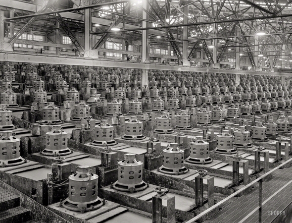 Photo showing: War Machine -- 1942. Flotation machines at one of the copper concentrators of the Utah Copper Company.