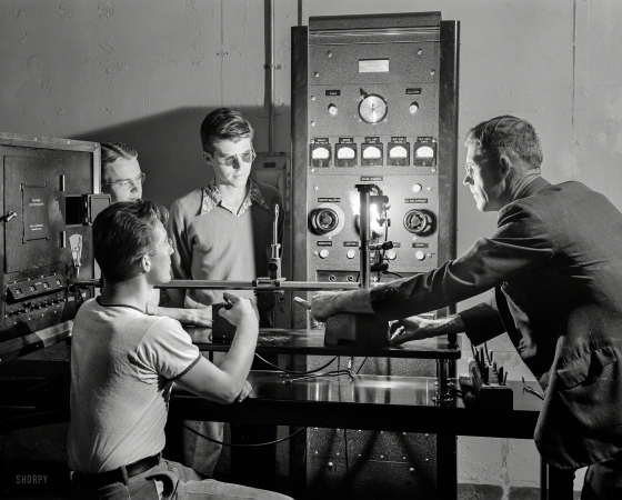 Photo showing: Golden Boys -- October 1942. Students at School of Mines in Golden, Colorado. Spectrographic analysis.