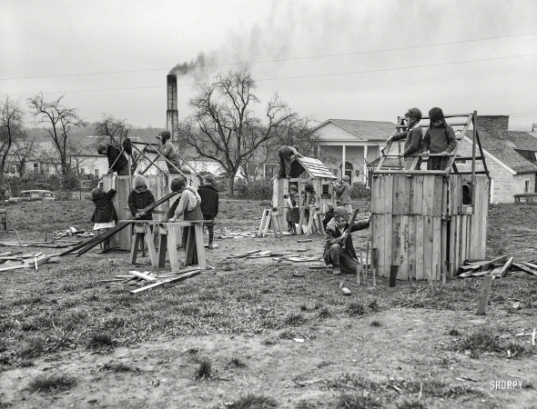 Photo showing: Class Project. -- April 1935. Schoolchildren building houses. Reedsville, West Virginia.