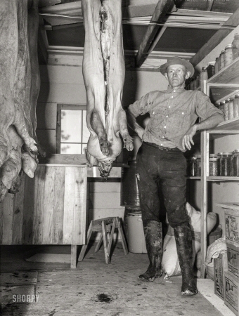 Photo showing: Thats All, Folks -- December 1936. C.D. Grant in storehouse on his farm at Penderlea Homesteads, North Carolina.