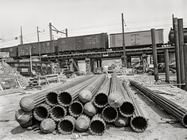Photo showing: Work Zone. -- May 1942. Washington, D.C. Steel piles to be driven as supports for bridge structure.