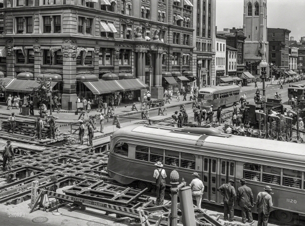 Photo showing: Urban Infrastructure -- July 1941. Work on streetcar tracks, Fourteenth and G Streets N.W., Washington, D.C.
