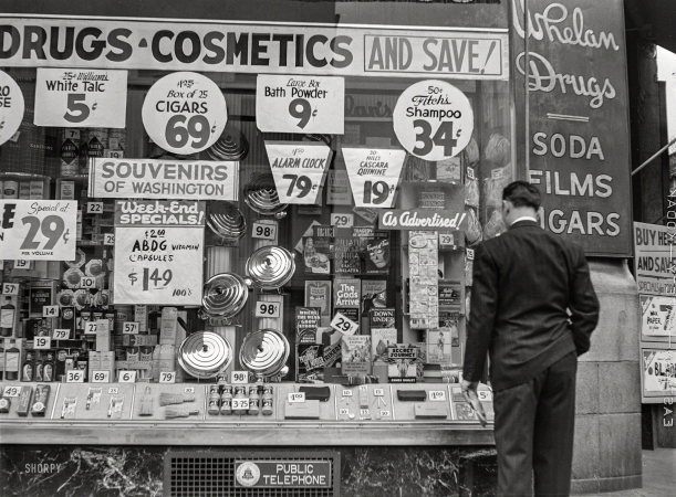 Photo showing: As Advertised -- Spring 1939. Drugstore window in Washington, D.C.