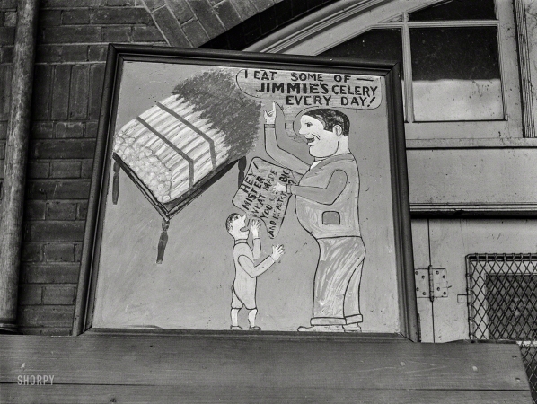 Photo showing: A Stalk a Day -- July 1939. Washington, D.C. Sign in wholesale market.