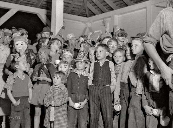 Photo showing: Halloween Party -- October 1938. Shafter, California. Halloween party at FSA camp for migratory agricultural workers.