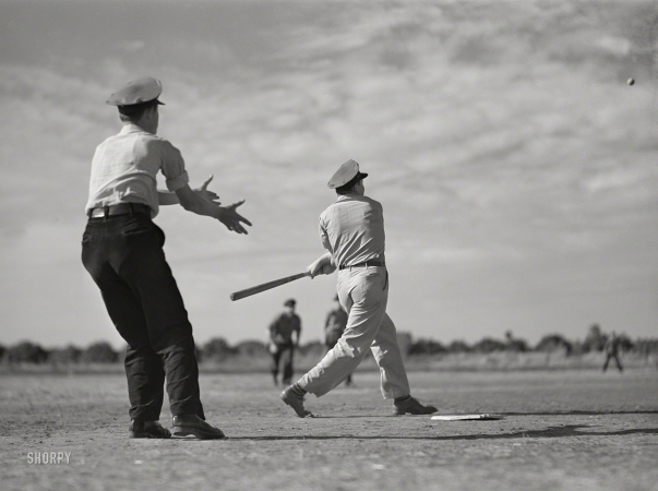 Photo showing: Policemans Ball -- February 1942. Weslaco, Texas. Saturday afternoon baseball game at Mercer G. Evans FSA camp.