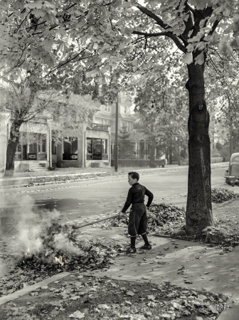 Photo showing: The Autumn Leaves -- December 1941. Burning fallen leaves. New York City suburbs.