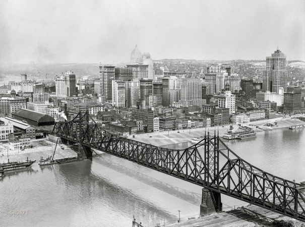 Photo showing: Steel City -- July 1938. View of Pittsburgh, Pennsylvania. The Wabash Bridge over the Monongahela River.