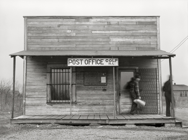 Photo showing: Colp P.O. -- January 1939. Post office. Colp, Williamson County, Illinois.