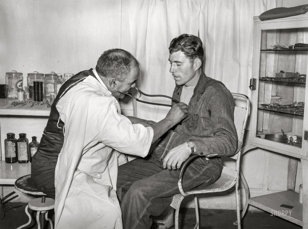 Photo showing: Listen to Your Heart -- January 1939. Dr. Springs examining patient. Colp, Illinois.
