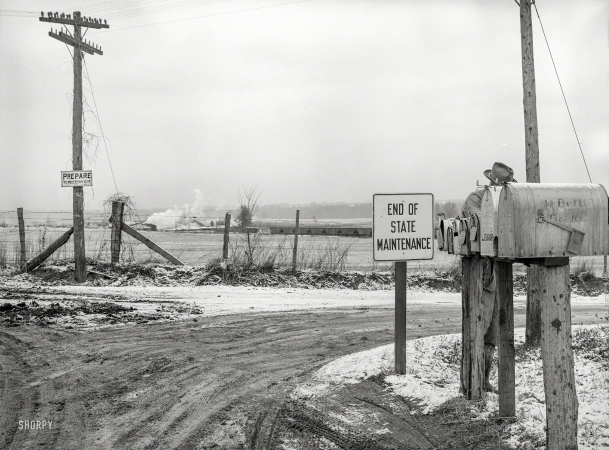 Photo showing: Expect Delays. -- January 1939. Highway in Franklin County, Illinois.