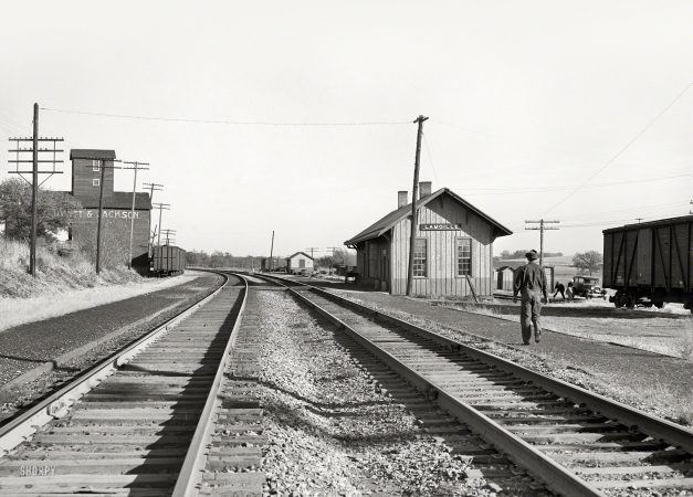 Photo showing: Lamoille Depot -- October 1939. Railroad station. Lamoille, Iowa.