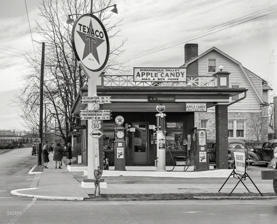 Photo showing: Apple Candy -- February 1940. Gas station along Highway U.S. 50. Winchester, Virginia.