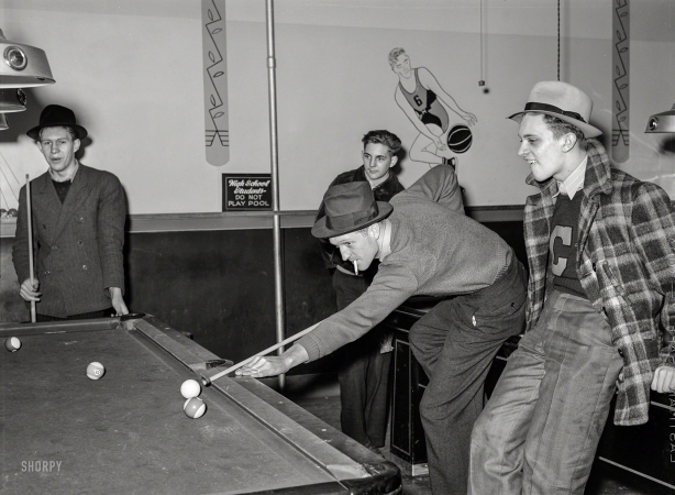 Photo showing: Big Shots -- February 1940. High school students playing pool. Clinton, Indiana.