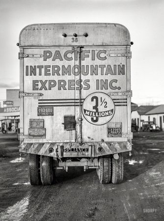 Photo showing: P.I.E. -- March 1940. Rear of interstate truck. Elko, Nevada.