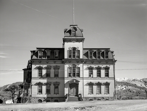 Photo showing: No More Pencils -- March 1940. Abandoned school. Virginia City, Nevada.