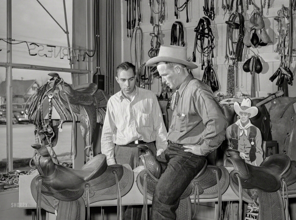 Photo showing: Saddle Straddler -- March 1940. Cowhand trying saddle at saddlery in Elko, Nevada.