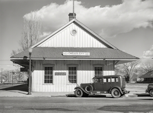 Photo showing: C.C. Depot -- March 1940. Railroad station. Carson City, Nevada.