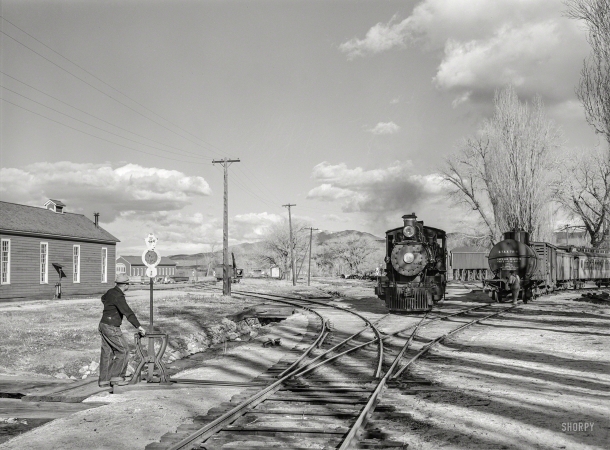 Photo showing: Carson City -- March 1940. Operating switch at railroad station. Carson City, Nevada.