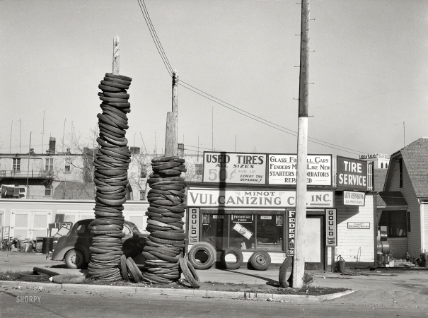 Photo showing: Tired Treads -- October 1937. Used tires -- Minot, North Dakota.