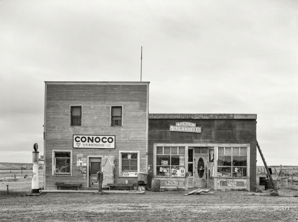 Photo showing: Archer Mercantile -- November 1937. Store building at Archer, Sheridan County, Montana.