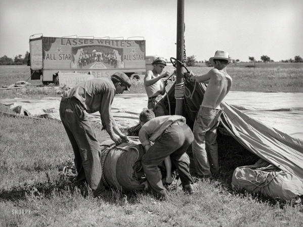 Photo showing: All Star Minstrels -- May 1938. Erecting tent for Lasses White show. Sikeston, Missouri.