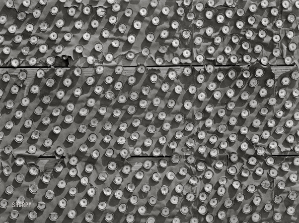 Photo showing: Bottlecap Blowup -- March 1939. Detail of bottle caps decorating abandoned theater. Quemado, Texas.