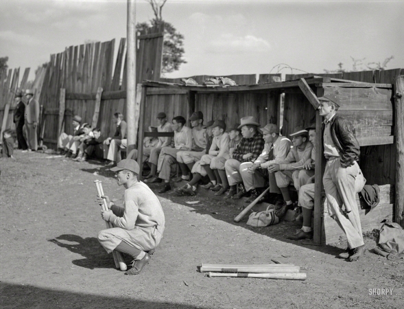 Photo showing: Lone Star Slugger -- April 1939. Baseball game in San Augustine, Texas.