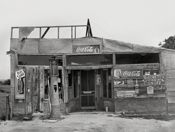 Photo showing: Nicotine, Caffeine, Gasoline -- June 1939. Country store. Wagoner County, Oklahoma.